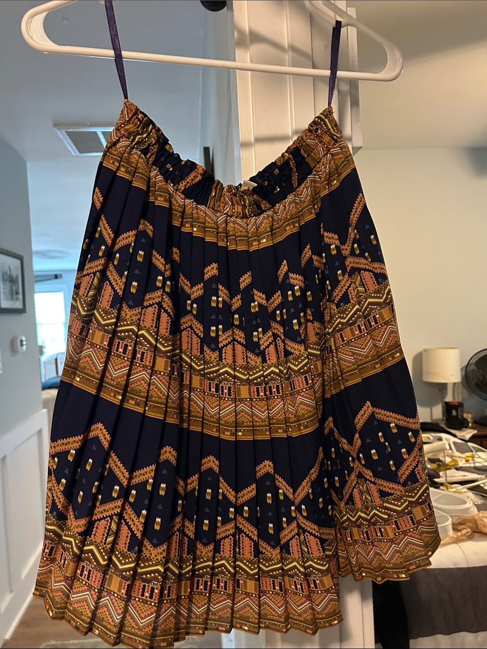 Navy Geometric Print Circle Skirt with Gold Accents